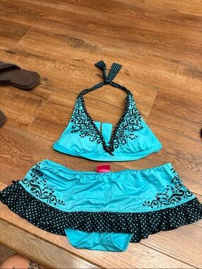 Betsey Johnson Turquoise Swim Bikini Set with Black Accents